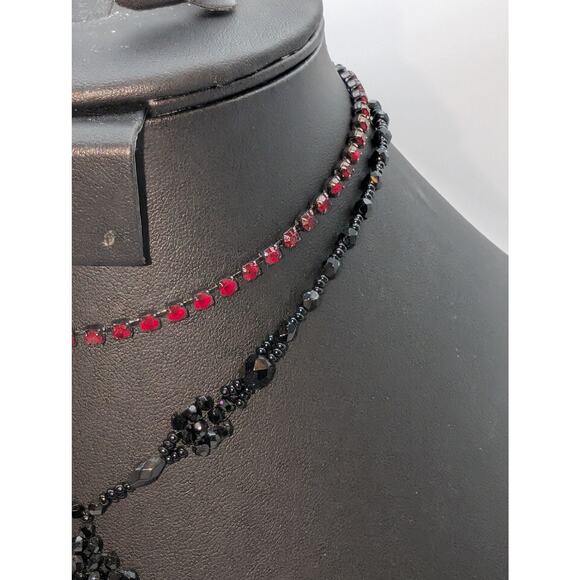 Vintage Lot of Two Black Crystal & Red Rhinestone Necklaces - Picture 4 of 6